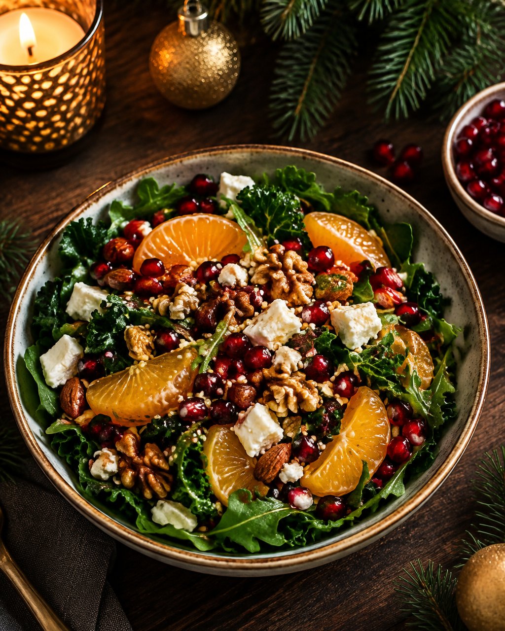 Bunte Winter-Bowl mit Orangen und Granatapfel zwischen Tannenzweigen